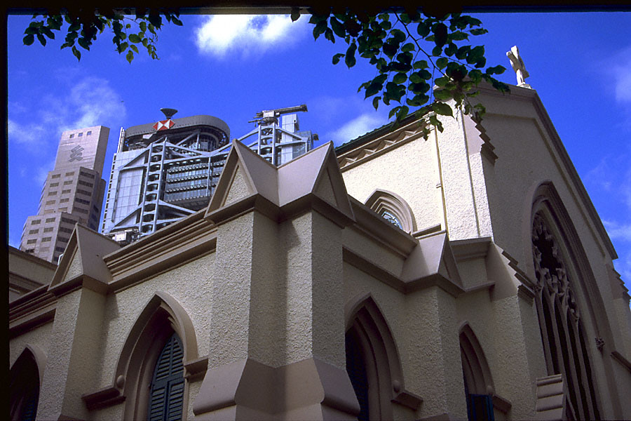 old church with hongkong/shanghai bank in the background, horizontal