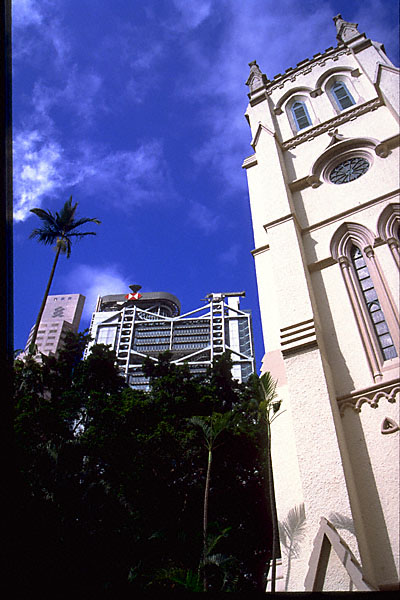old church with hongkong/shanghai bank in the background, vertical