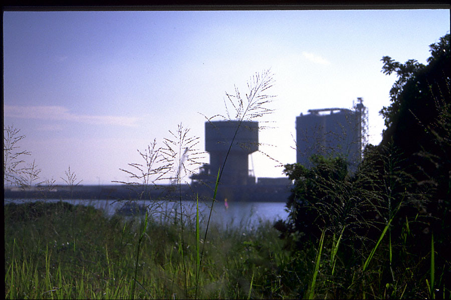 industrial factory shapes looming in the hazy distance encroaching on verdant green vegetation