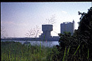 industrial factory shapes looming in the hazy distance encroaching on verdant green vegetation