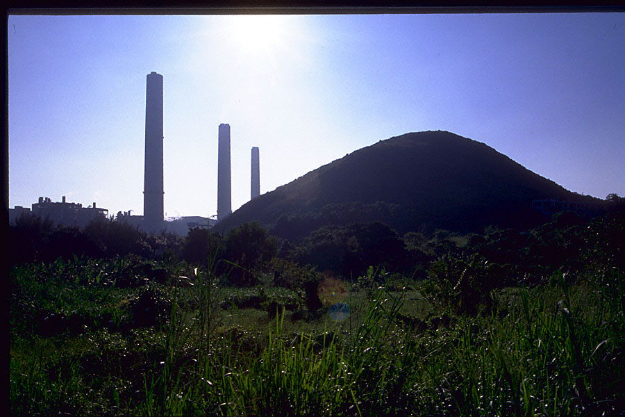 industrial factory smokestack tower pillar shapes looming in the hazy distance encroaching on verdant green vegetation