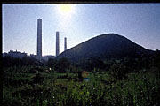 industrial factory smokestack tower pillar shapes looming in the hazy distance encroaching on verdant green vegetation